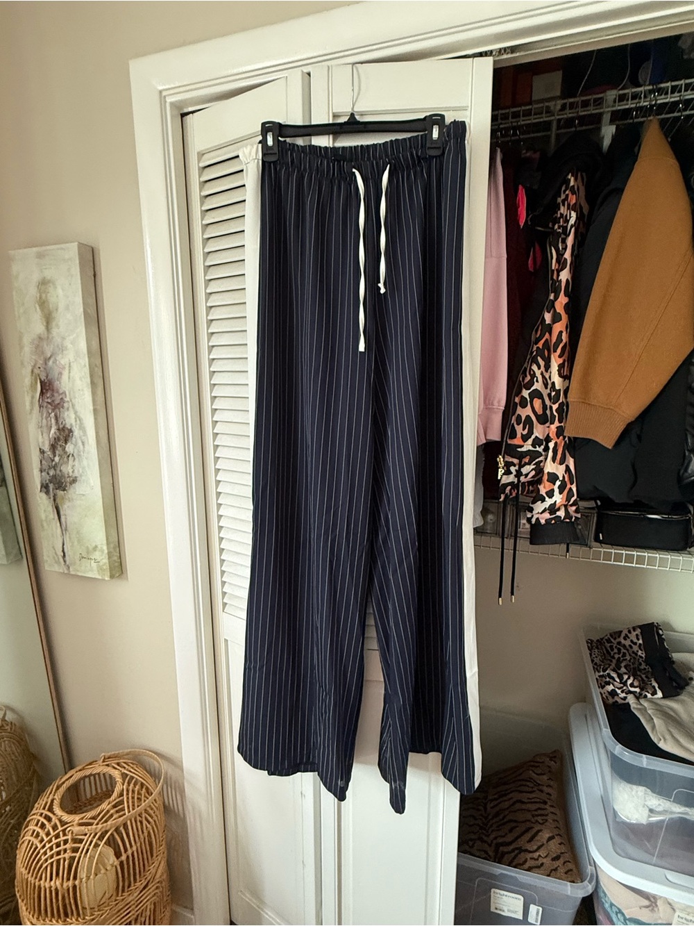 Boohoo Navy Pinstripe Wide Leg Drawstring Pants with White Cord